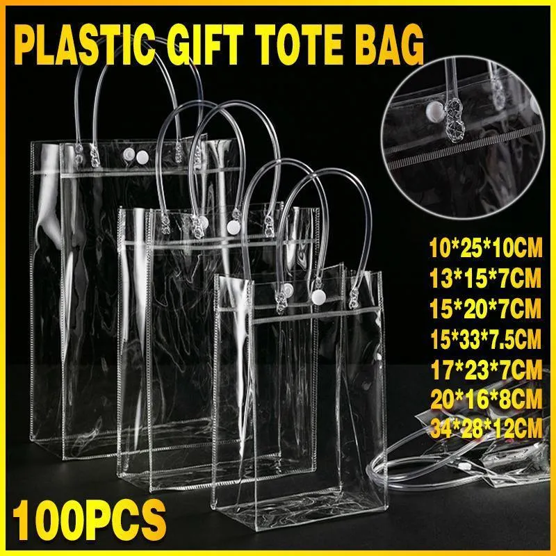 100x PVC Transparent Gift Tote Bag with Snap Button for Packaging