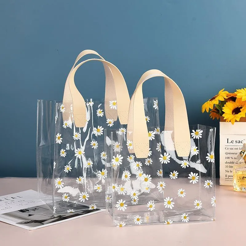 10pcs Small Fresh Transparent PVC Tote Bag Wedding Candy Gift Bag Daisy Design