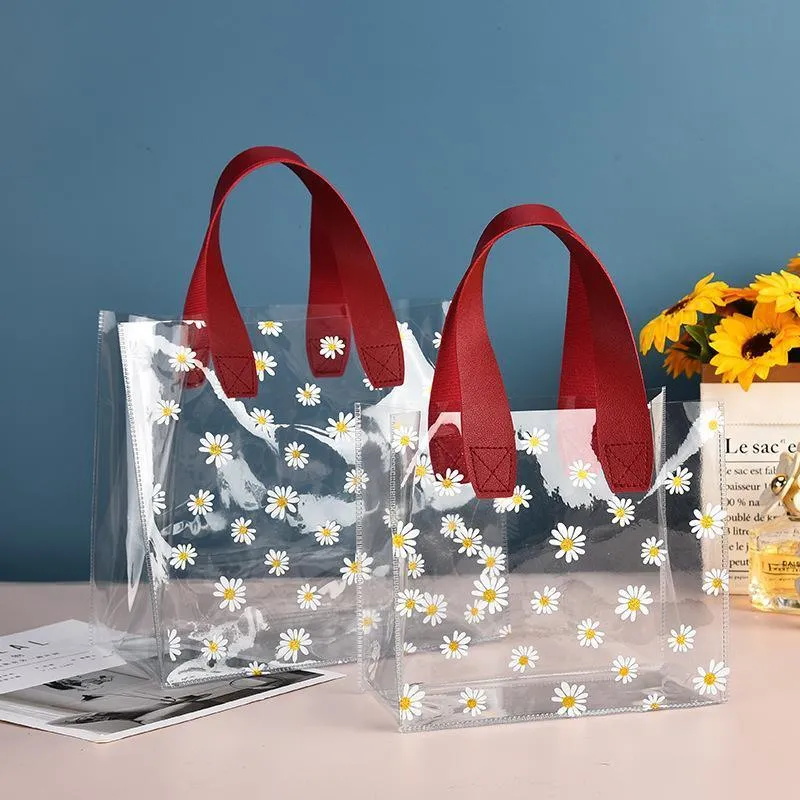 10pcs Small Fresh Transparent PVC Tote Bag Wedding Candy Gift Bag Daisy Design