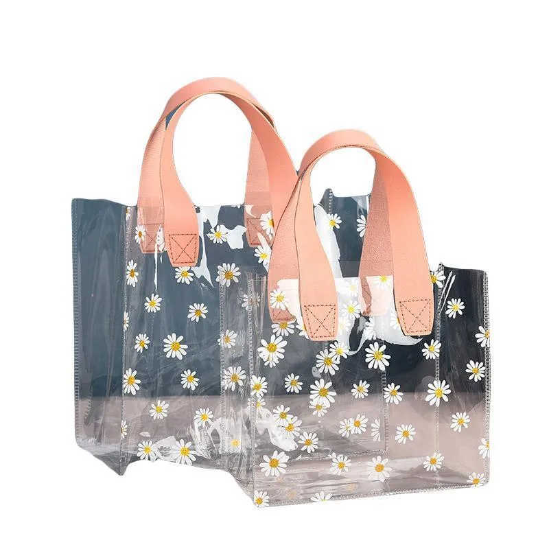 10pcs Small Fresh Transparent PVC Tote Bag Wedding Candy Gift Bag Daisy Design