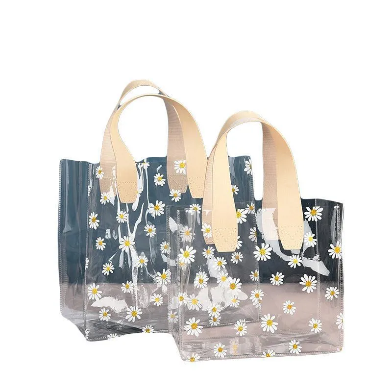 10pcs Small Fresh Transparent PVC Tote Bag Wedding Candy Gift Bag Daisy Design