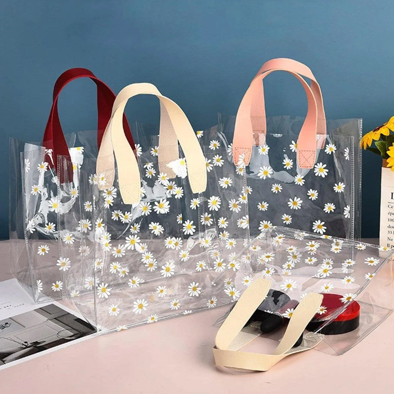 10pcs Small Fresh Transparent PVC Tote Bag Wedding Candy Gift Bag Daisy Design