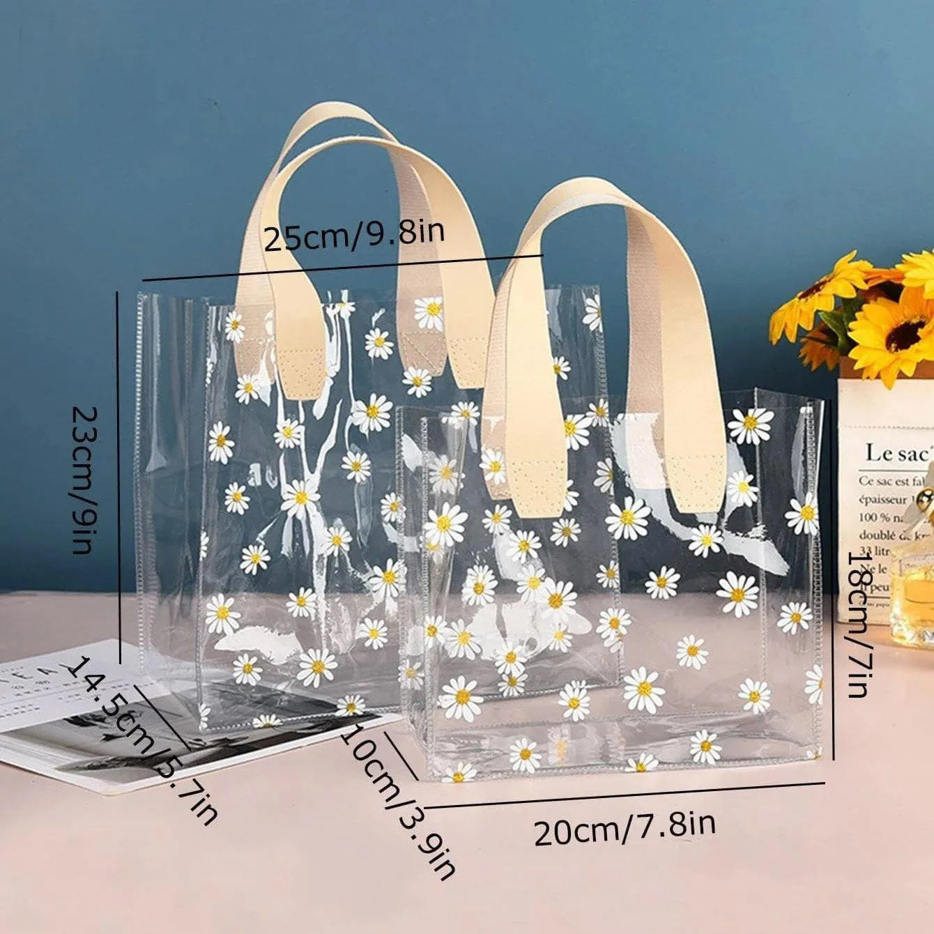 10pcs Small Fresh Transparent PVC Tote Bag Wedding Candy Gift Bag Daisy Design