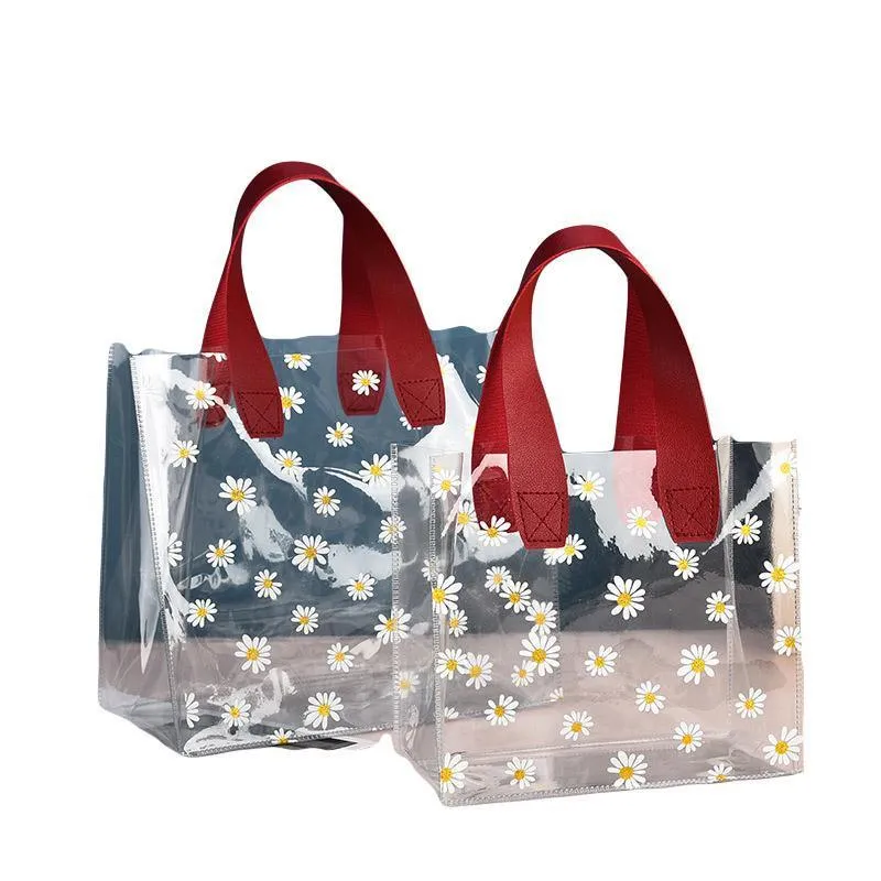 10pcs Small Fresh Transparent PVC Tote Bag Wedding Candy Gift Bag Daisy Design
