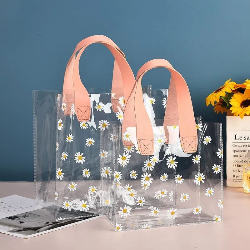 10pcs Small Fresh Transparent PVC Tote Bag Wedding Candy Gift Bag Daisy Design
