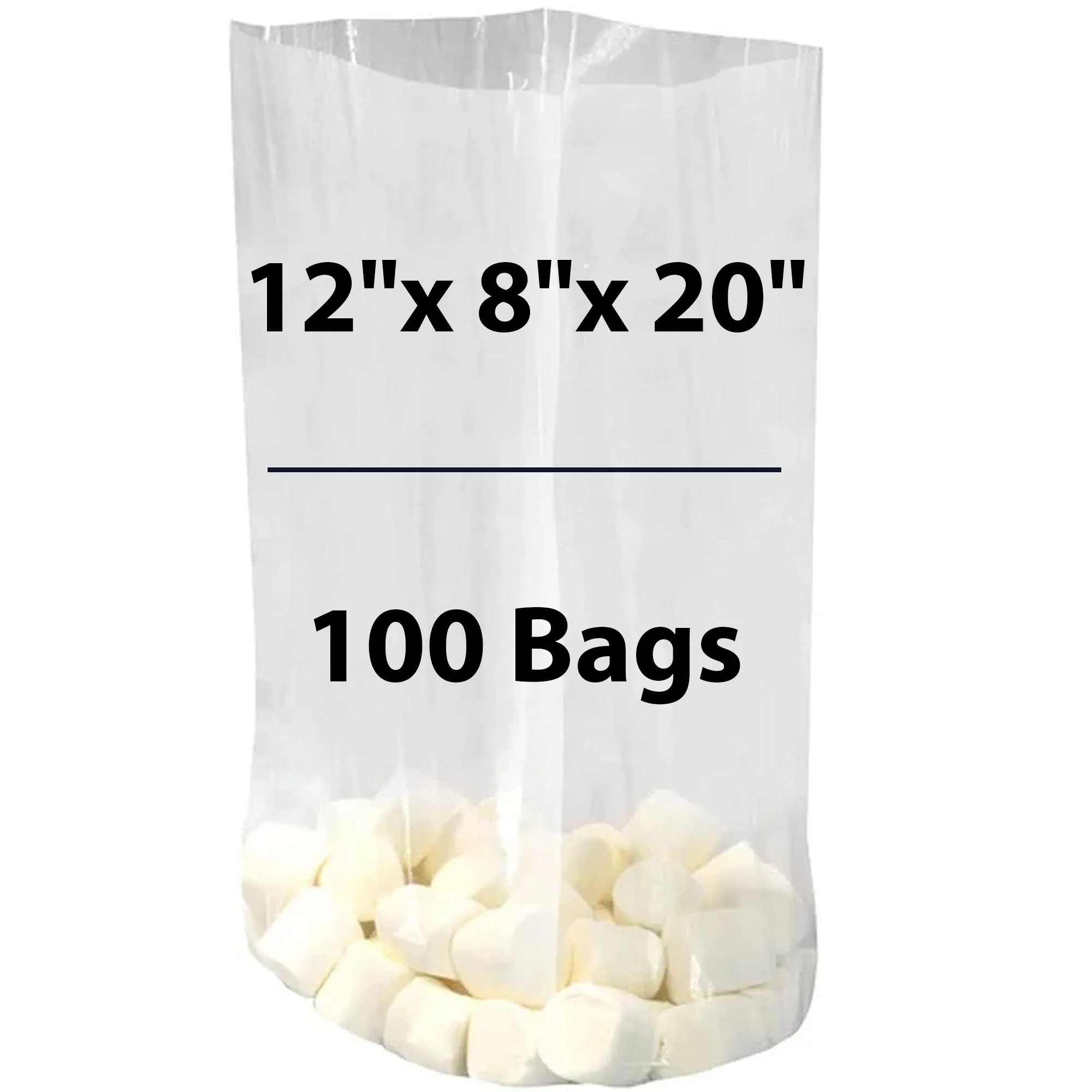 12X8X20 inches Gusseted Poly Bags Clear 2 Mil Low Density LDPE