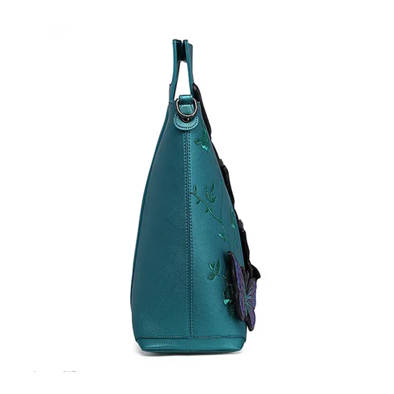 2018 New Women Butterfly Embroidered Tote Bag Painted Animal Shoulder Bags Big Pu Leather Bolsos Floral Party Handbag Luxury