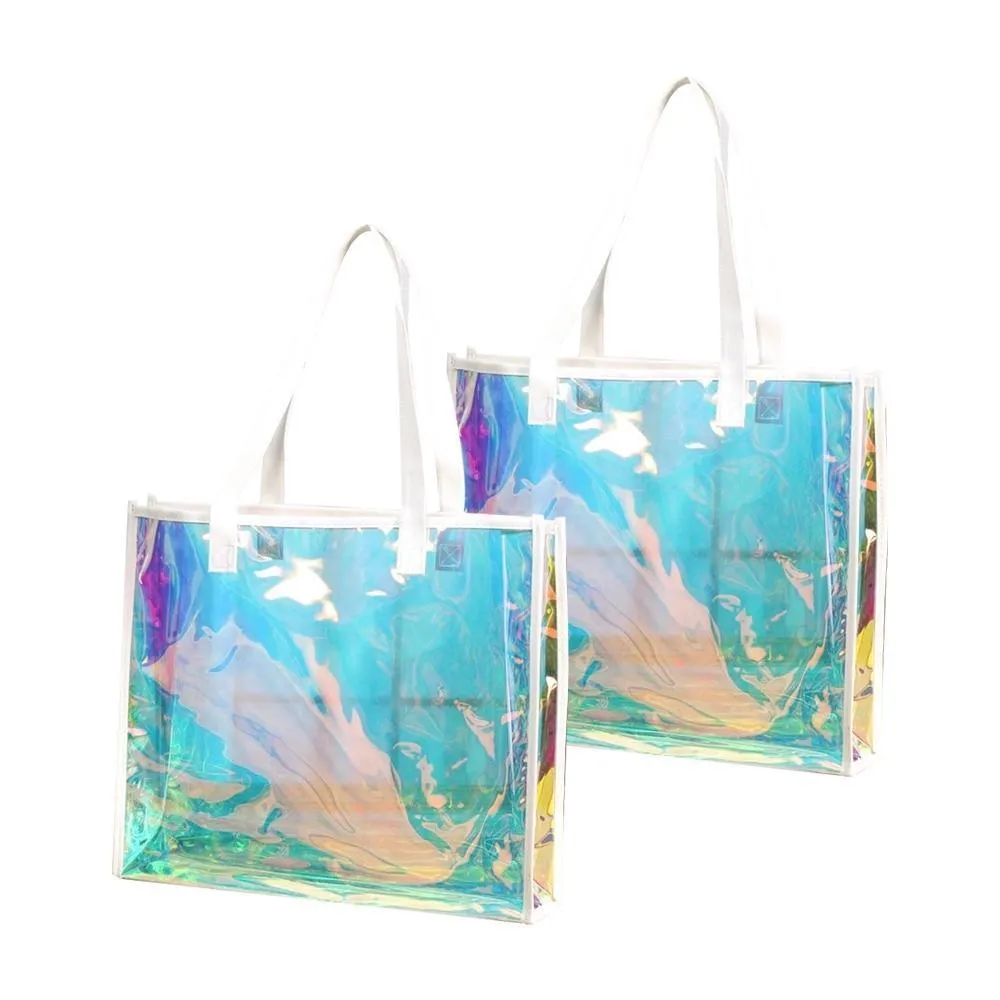 2PCS Transparent PVC Tote Bag Hologram Jelly Cosmetic GiftBag Iridescent Handbag