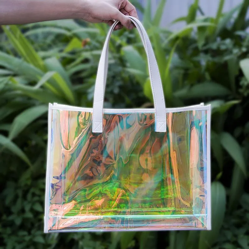 2PCS Transparent PVC Tote Bag Hologram Jelly Cosmetic GiftBag Iridescent Handbag