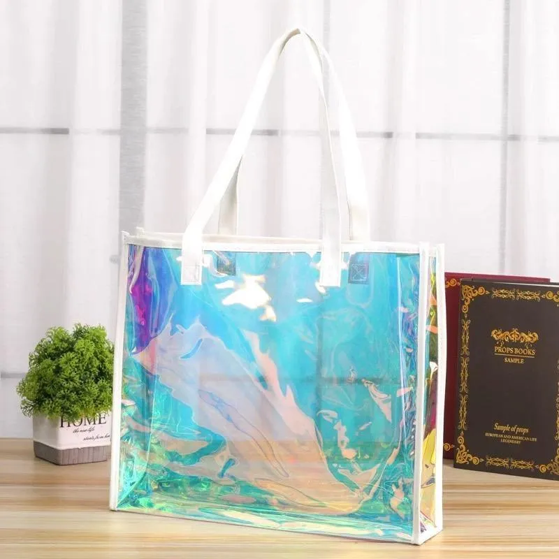2PCS Transparent PVC Tote Bag Hologram Jelly Cosmetic GiftBag Iridescent Handbag