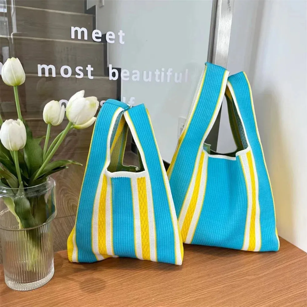 50*25cm High Capacity Shoulder Bag New Wide Striped Handmade Knitted Handbag Minimalist Tote Bag For Women Reusable Shopping Bag