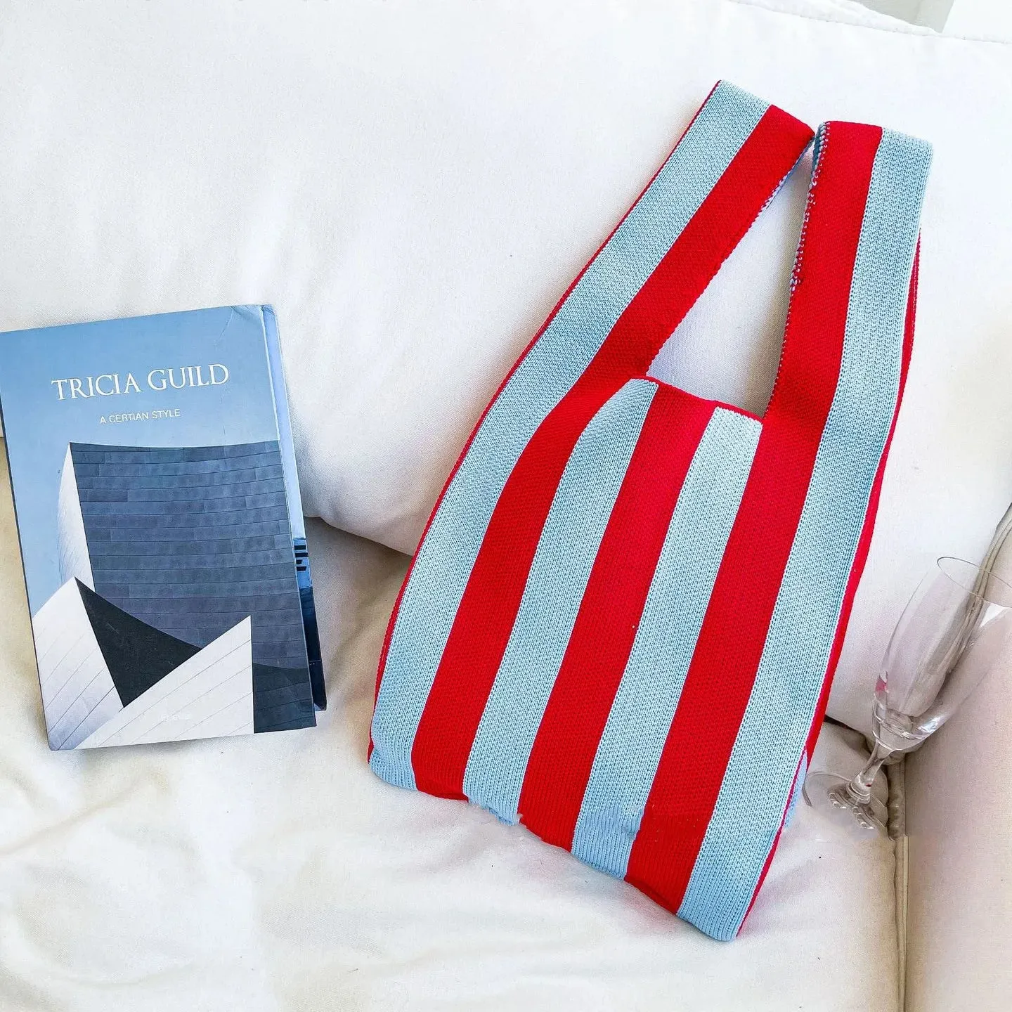 50*25cm High Capacity Shoulder Bag New Wide Striped Handmade Knitted Handbag Minimalist Tote Bag For Women Reusable Shopping Bag
