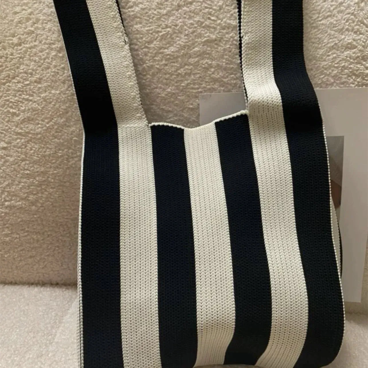 50*25cm High Capacity Shoulder Bag New Wide Striped Handmade Knitted Handbag Minimalist Tote Bag For Women Reusable Shopping Bag