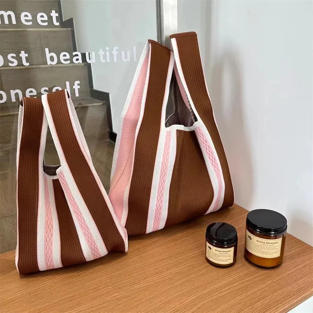 50*25cm High Capacity Shoulder Bag New Wide Striped Handmade Knitted Handbag Minimalist Tote Bag For Women Reusable Shopping Bag