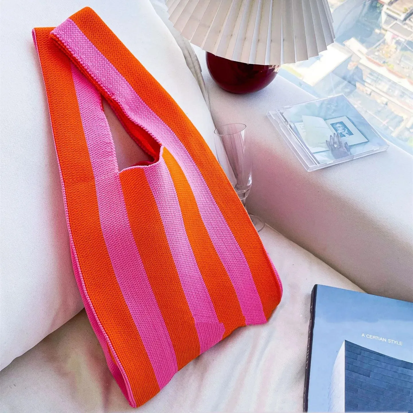 50*25cm High Capacity Shoulder Bag New Wide Striped Handmade Knitted Handbag Minimalist Tote Bag For Women Reusable Shopping Bag
