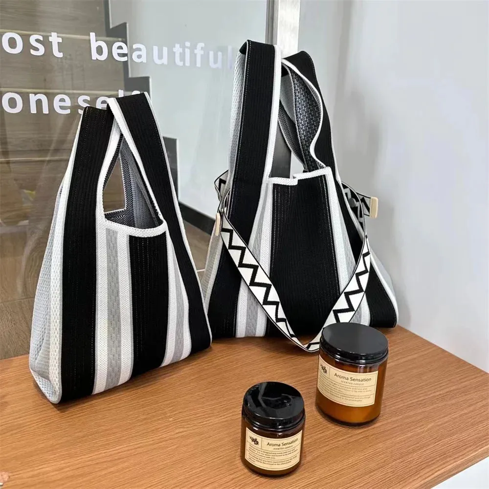 50*25cm High Capacity Shoulder Bag New Wide Striped Handmade Knitted Handbag Minimalist Tote Bag For Women Reusable Shopping Bag