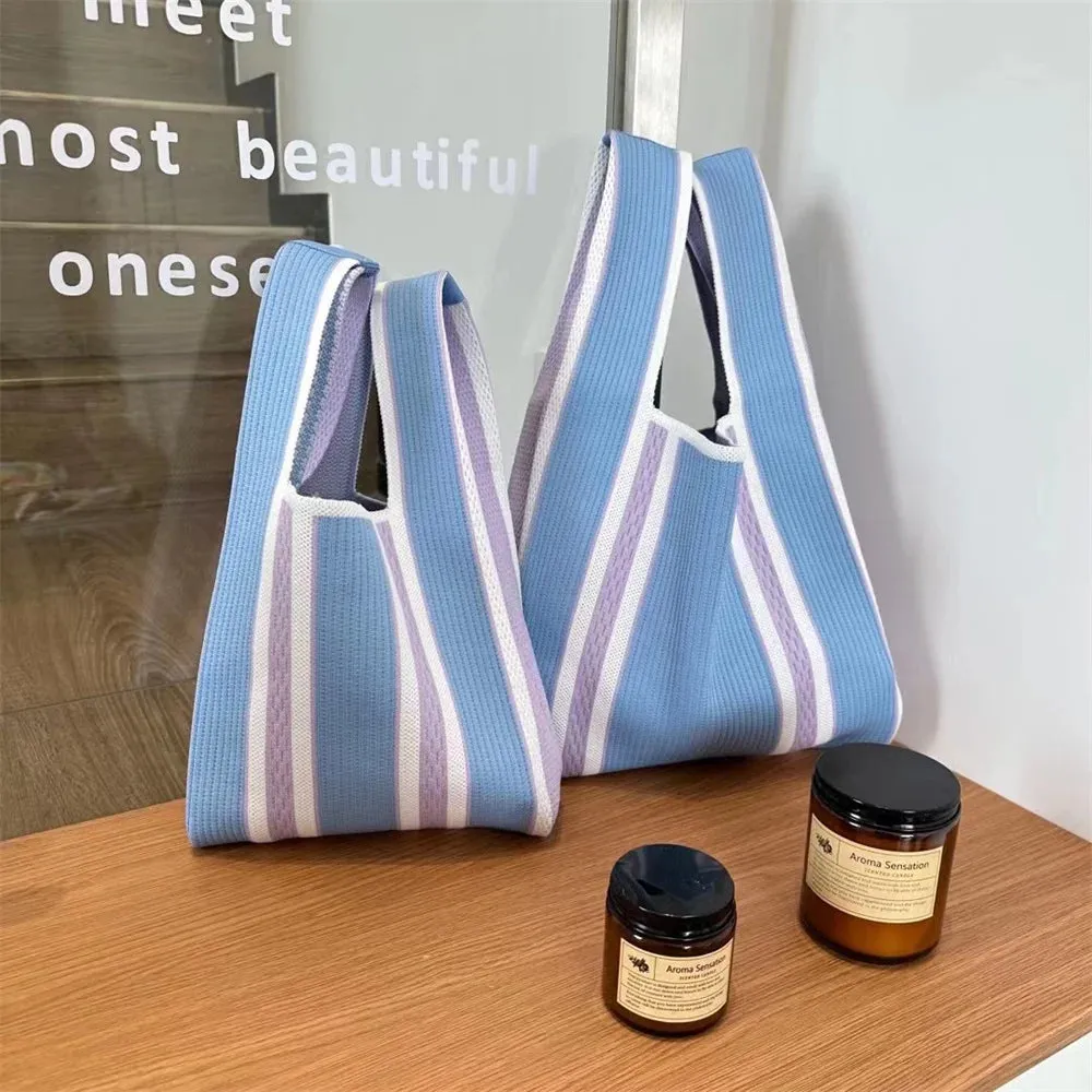 50*25cm High Capacity Shoulder Bag New Wide Striped Handmade Knitted Handbag Minimalist Tote Bag For Women Reusable Shopping Bag