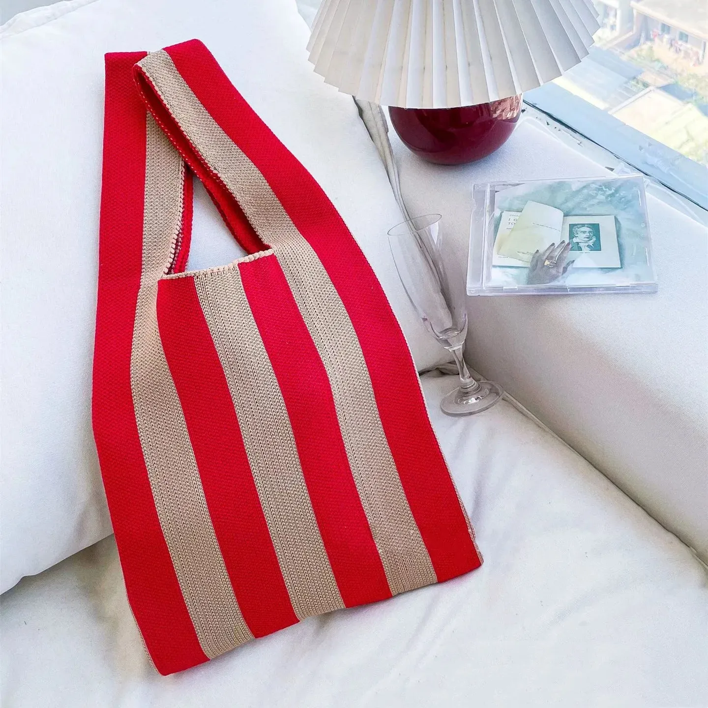 50*25cm High Capacity Shoulder Bag New Wide Striped Handmade Knitted Handbag Minimalist Tote Bag For Women Reusable Shopping Bag