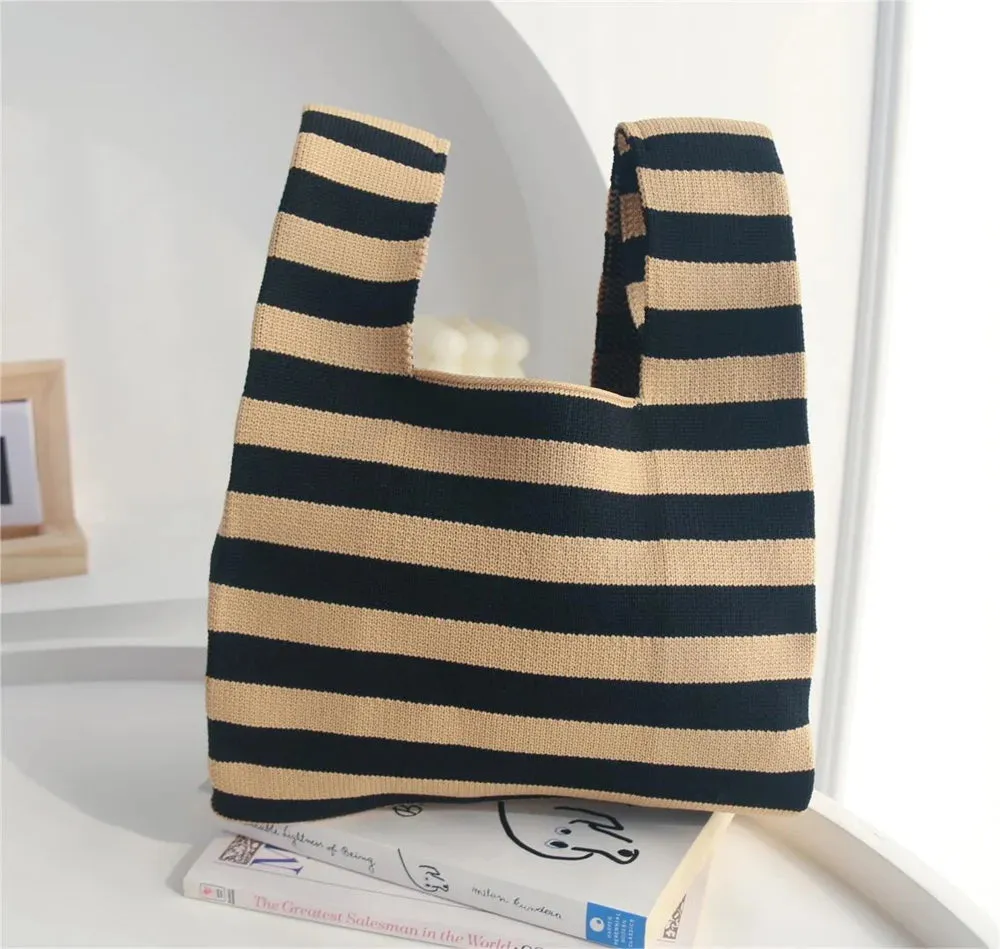 50*25cm High Capacity Shoulder Bag New Wide Striped Handmade Knitted Handbag Minimalist Tote Bag For Women Reusable Shopping Bag