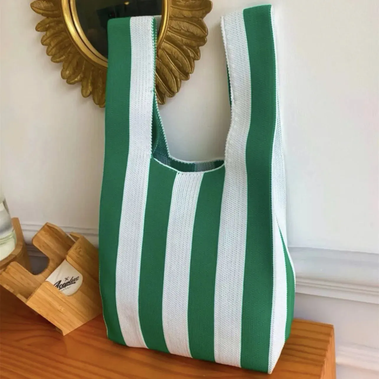 50*25cm High Capacity Shoulder Bag New Wide Striped Handmade Knitted Handbag Minimalist Tote Bag For Women Reusable Shopping Bag