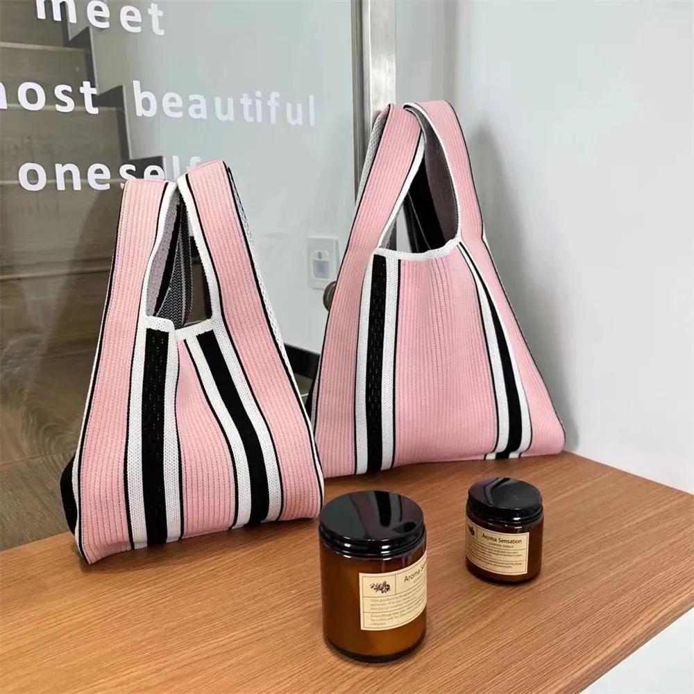 50*25cm High Capacity Shoulder Bag New Wide Striped Handmade Knitted Handbag Minimalist Tote Bag For Women Reusable Shopping Bag