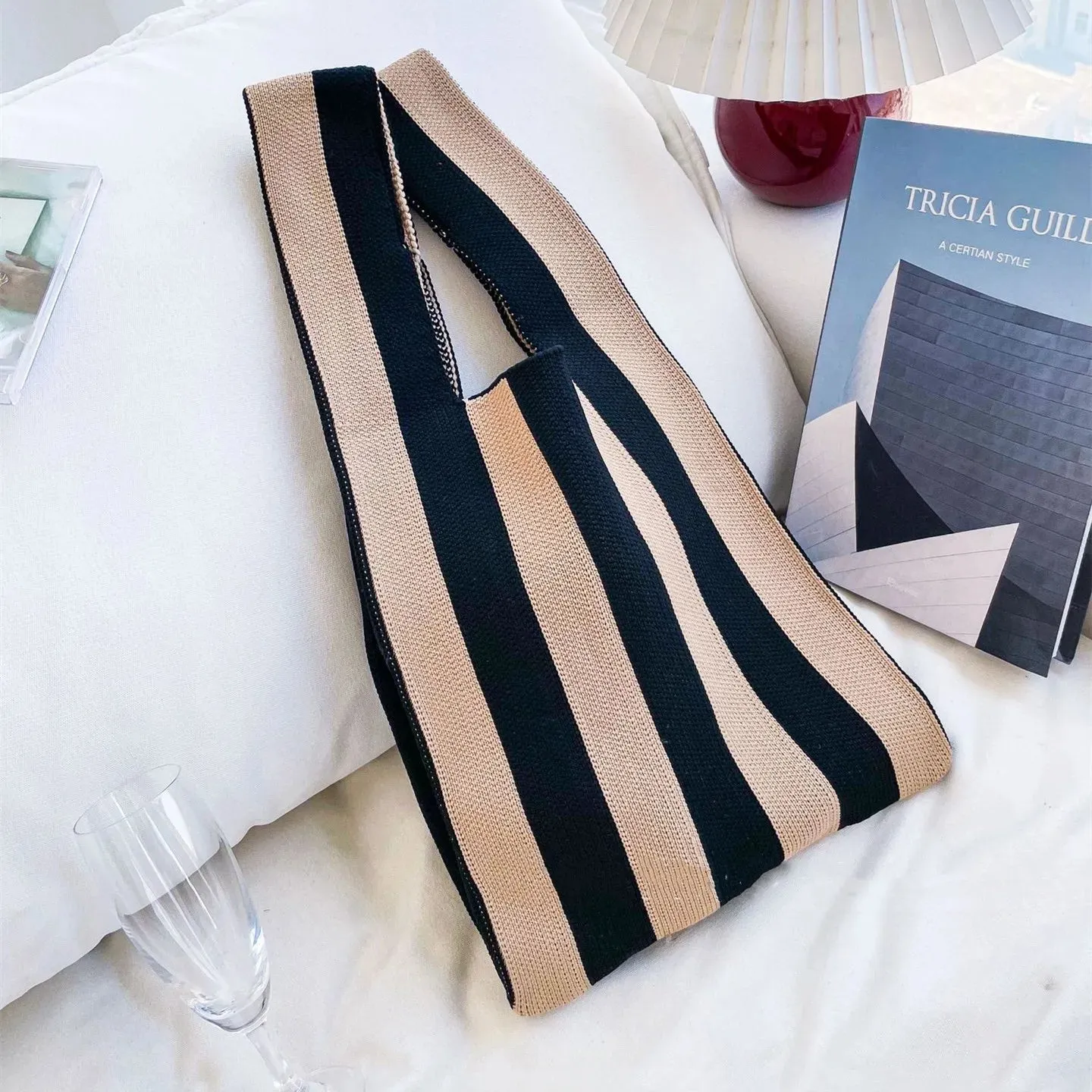 50*25cm High Capacity Shoulder Bag New Wide Striped Handmade Knitted Handbag Minimalist Tote Bag For Women Reusable Shopping Bag