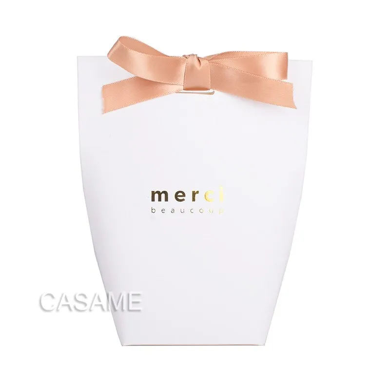 6 pcs Black White Kraft Paper Bag Bronzing French &quot;Merci&quot; Thank You Gift Box Package Brown Party Favor Candy Bags with Ribbon