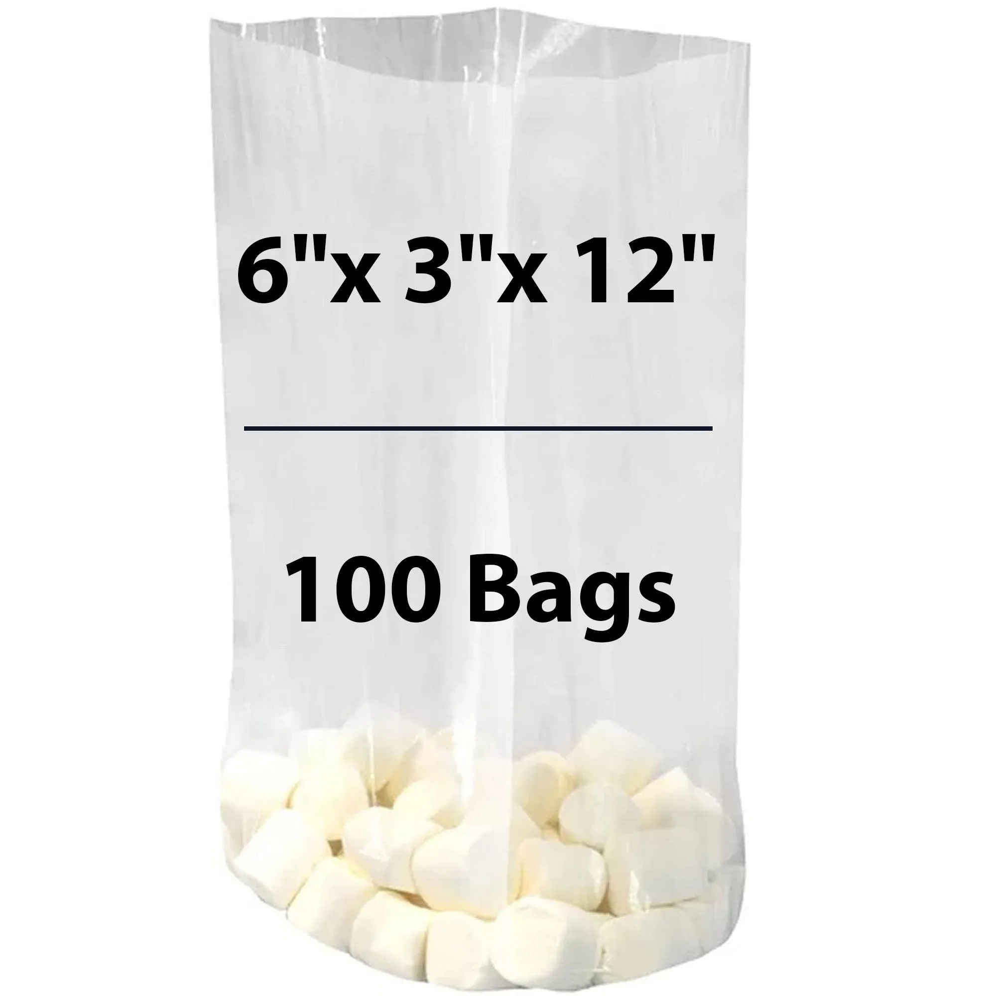 6X3X12 inches Gusseted Poly Bags Clear 1 Mil Low Density LDPE