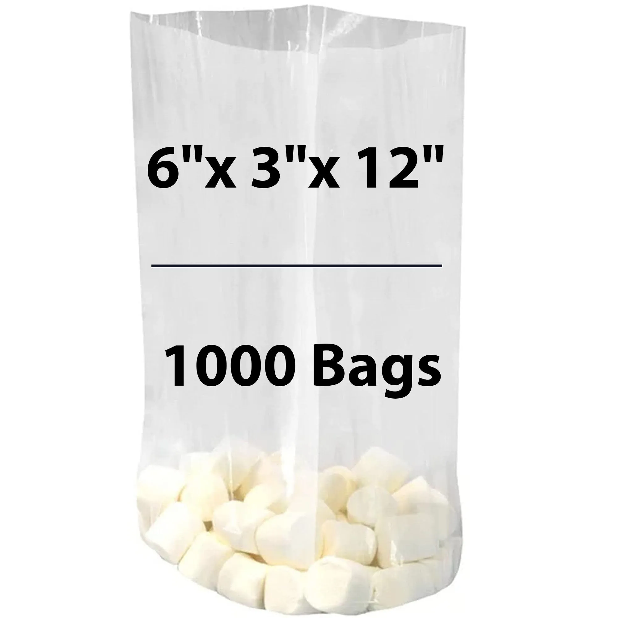 6X3X12 inches Gusseted Poly Bags Clear 1 Mil Low Density LDPE