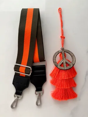 Accessory Bundle: Orange Tassel   Gold Peace Charm   Olive/Orange Stripe Strap