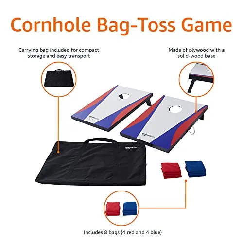 Amazon Basics Wooden Cornhole Outdoor Lawn Game Set, Blue,Red