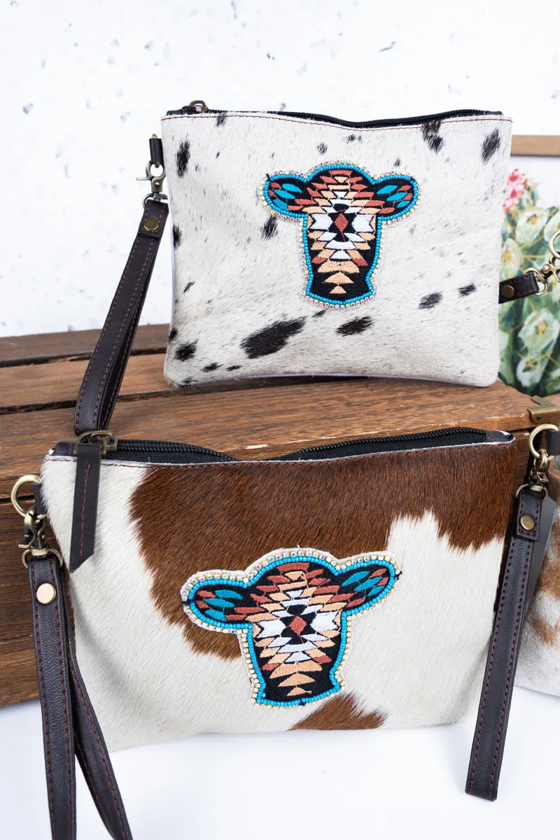 Aztec Cow Cowhide Wristlet Clutch