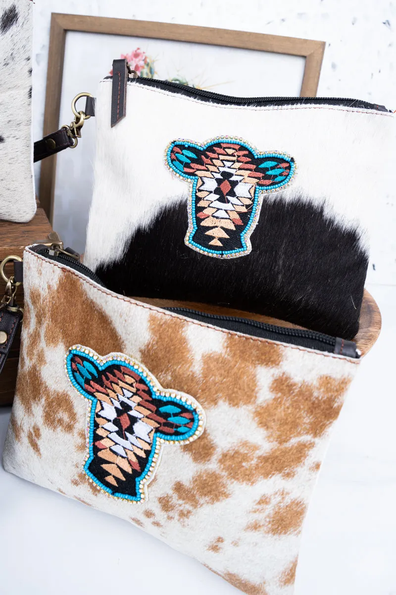 Aztec Cow Cowhide Wristlet Clutch