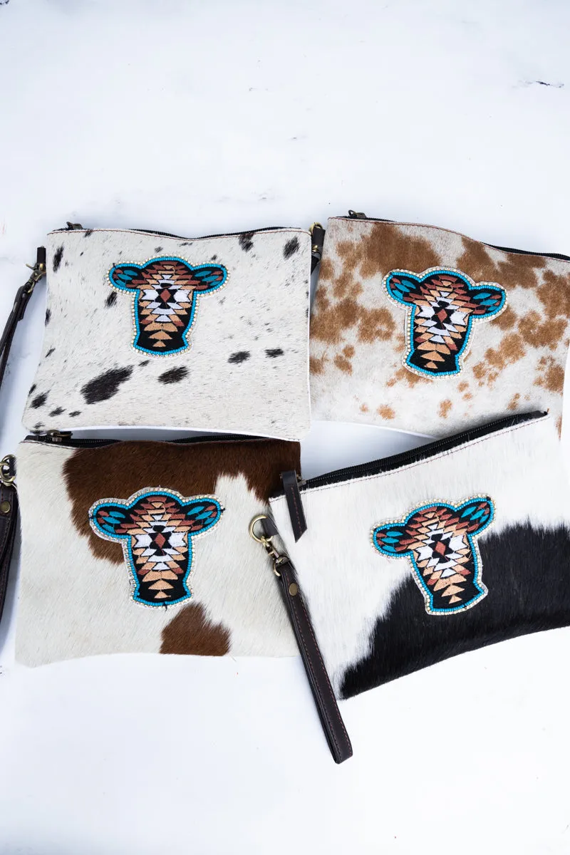 Aztec Cow Cowhide Wristlet Clutch