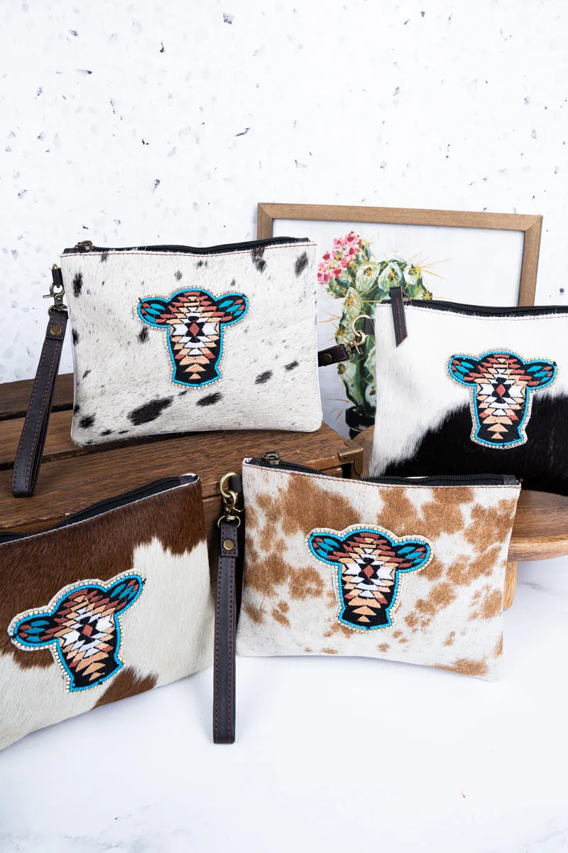 Aztec Cow Cowhide Wristlet Clutch