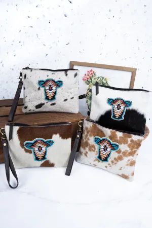 Aztec Cow Cowhide Wristlet Clutch