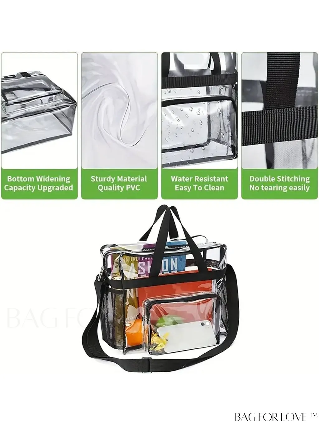 BagForLove - Womens Sporty Transparent PVC Tote: Waterproof Shoulder Messenger Bag for Casual & Beach