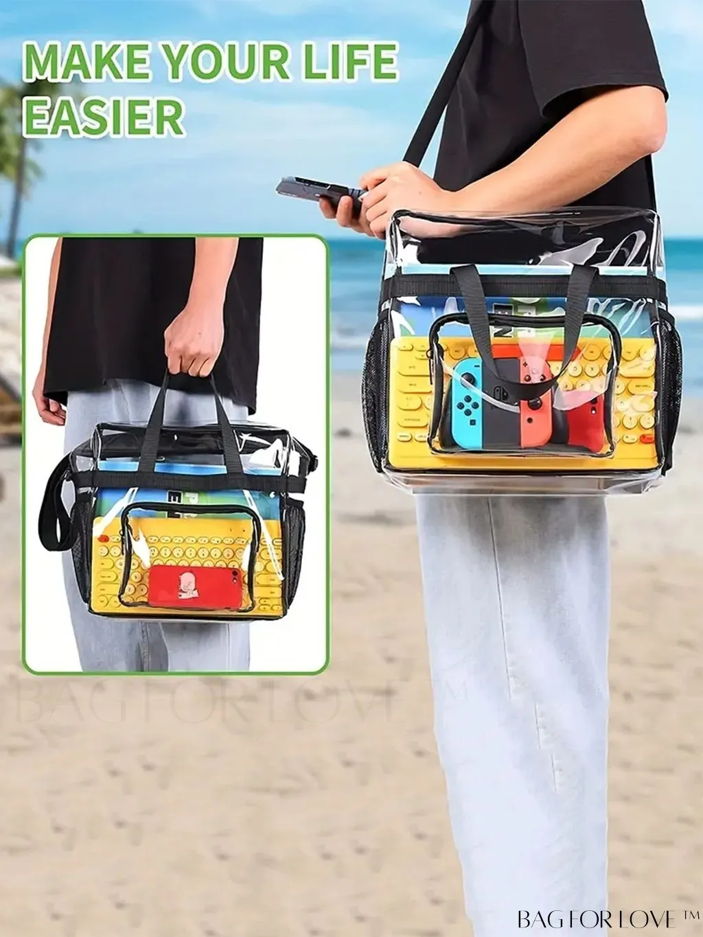 BagForLove - Womens Sporty Transparent PVC Tote: Waterproof Shoulder Messenger Bag for Casual & Beach