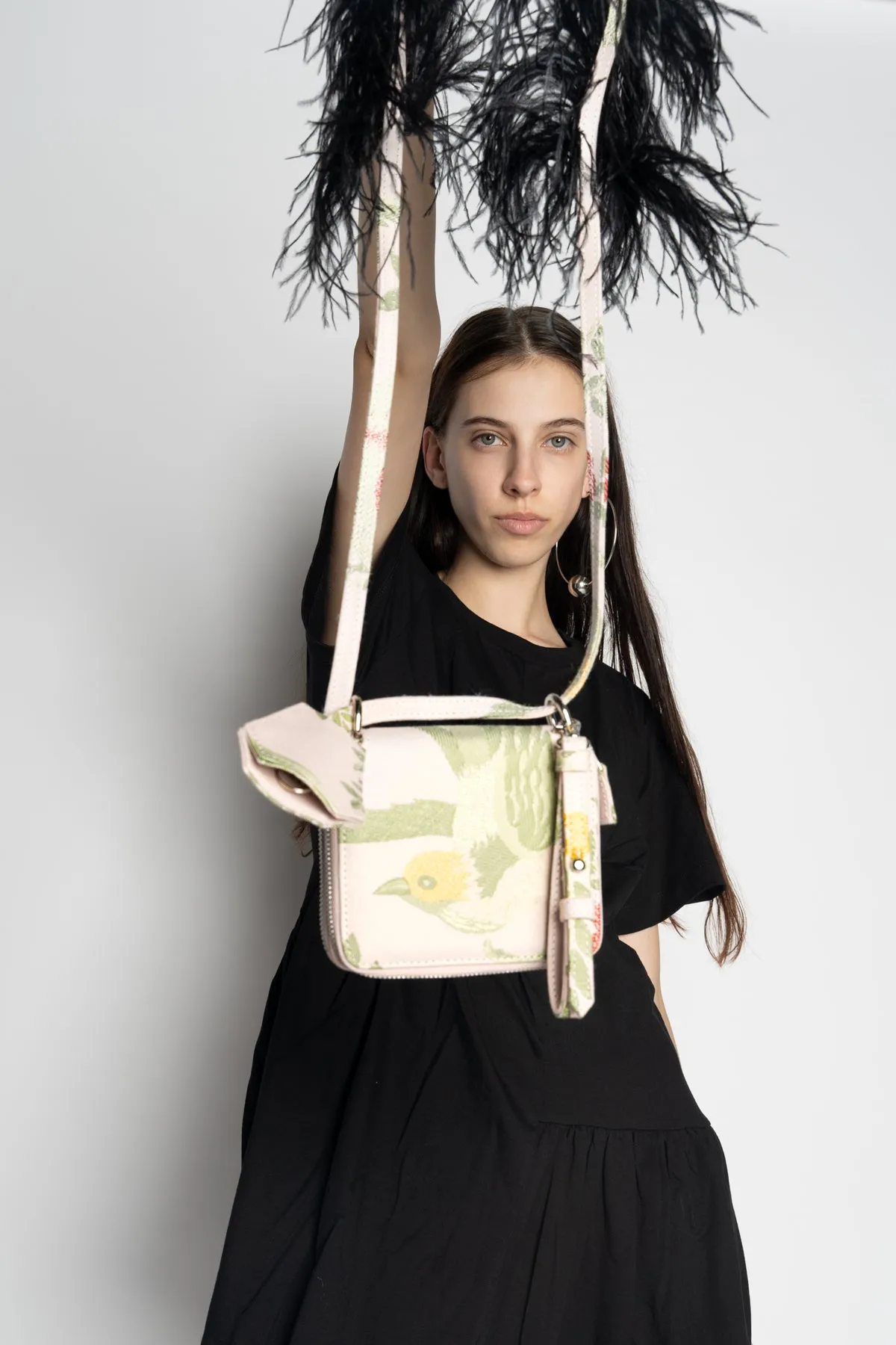 BIRD BROCADE WALLET BAG WITH FEATHER STRAP