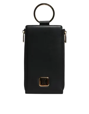 Black Leather Logo Plaque Neck Strap Card Coin Wallet