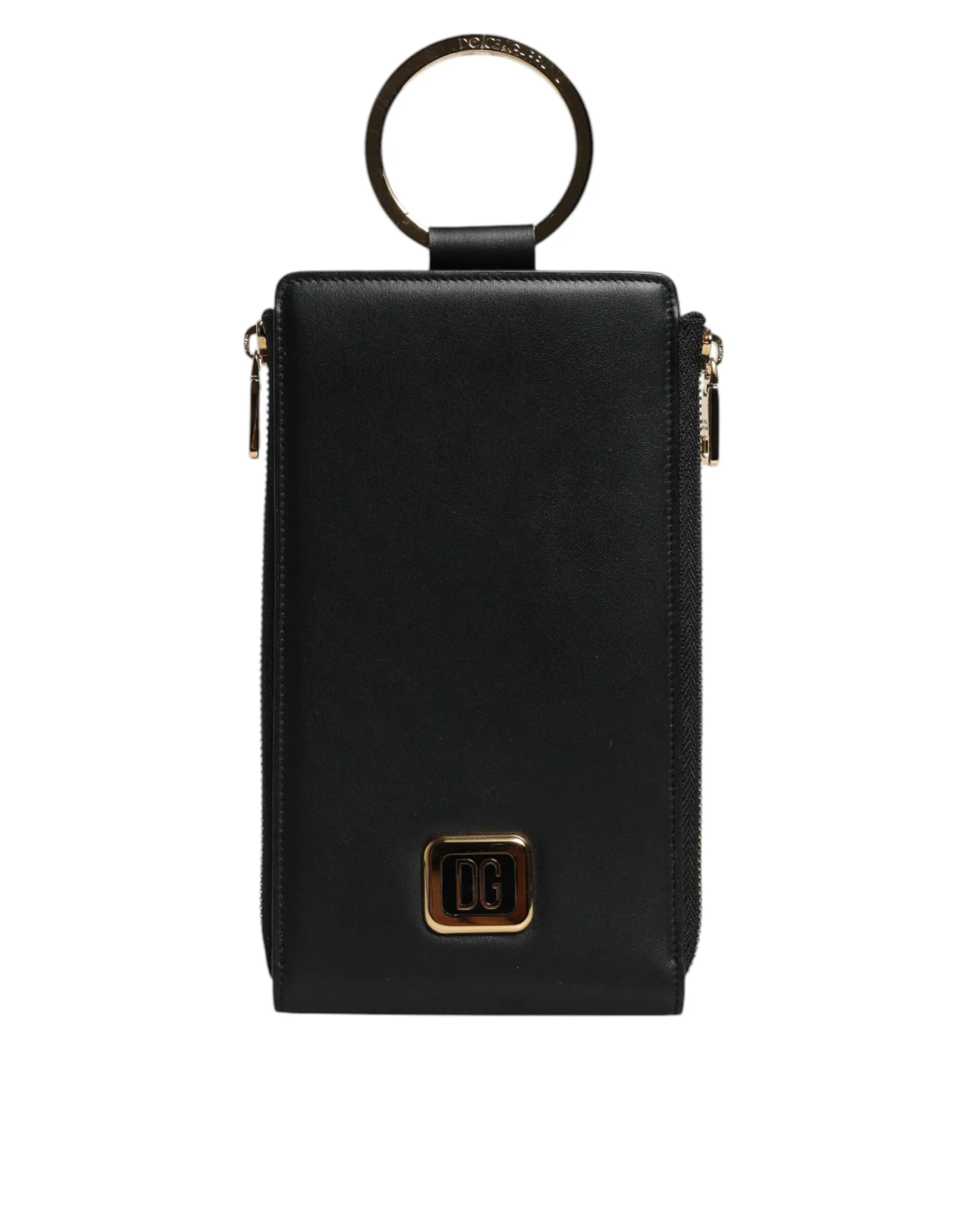 Black Leather Logo Plaque Neck Strap Card Coin Wallet