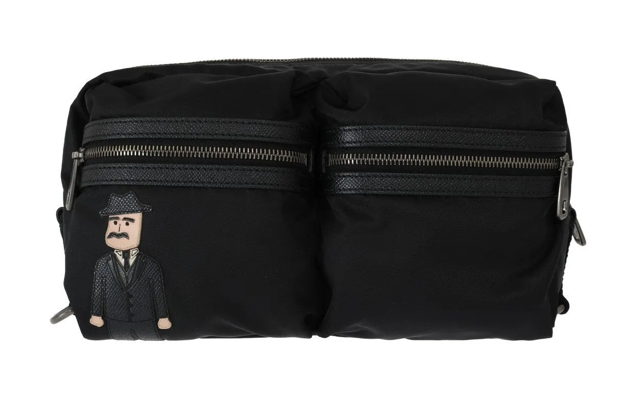 Black Leather Nylon Fanny Waist Pack