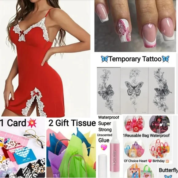 Brand New 🔥 Sexy Red/White Lace Lingerie W/G-String, Nails, Etc. Gift Bag 💝