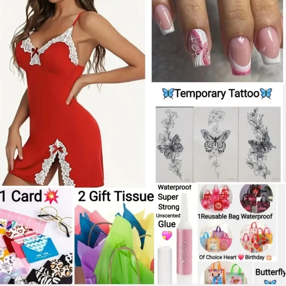 Brand New 🔥 Sexy Red/White Lace Lingerie W/G-String, Nails, Etc. Gift Bag 💝