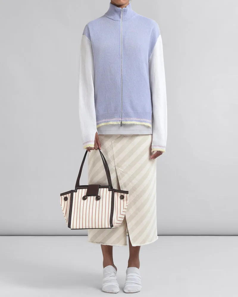 Brown Leather and Striped Canvas Shoulder Tote Bag