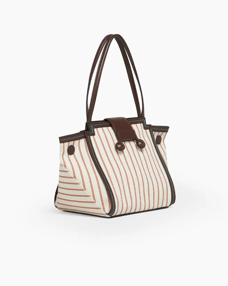 Brown Leather and Striped Canvas Shoulder Tote Bag