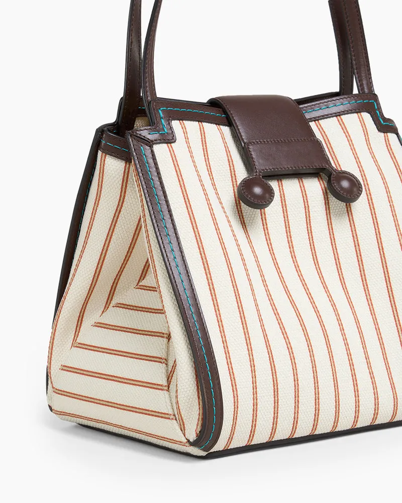 Brown Leather and Striped Canvas Shoulder Tote Bag