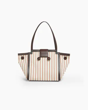 Brown Leather and Striped Canvas Shoulder Tote Bag