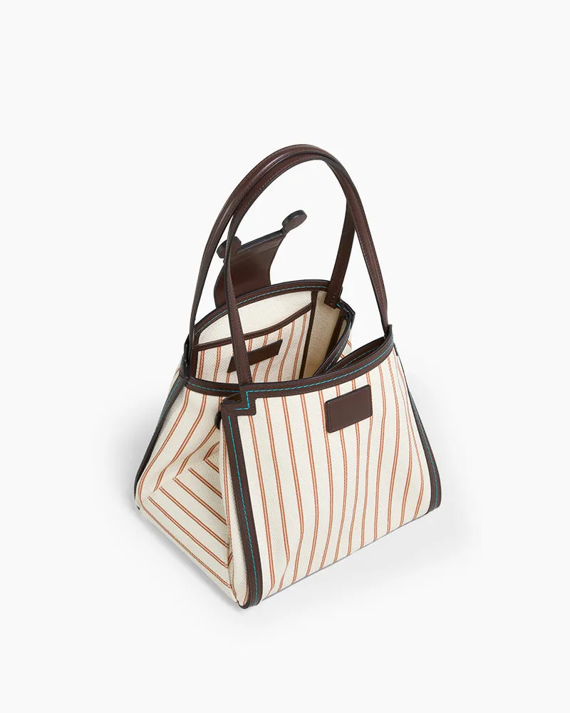Brown Leather and Striped Canvas Shoulder Tote Bag