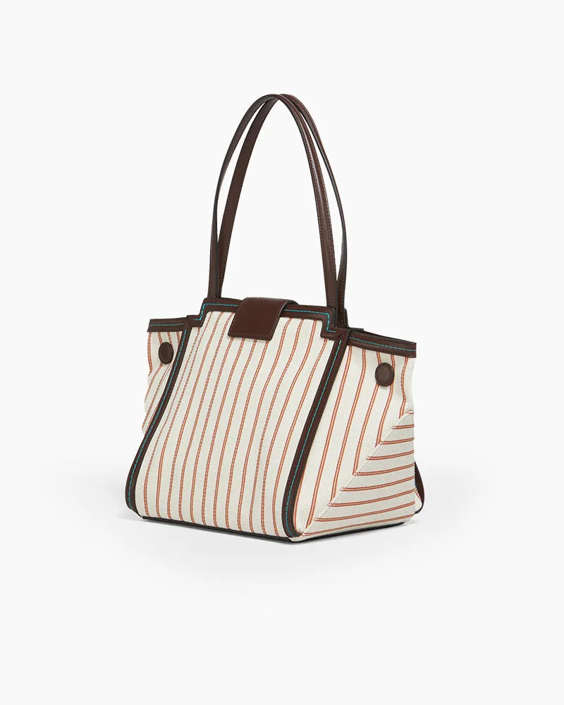 Brown Leather and Striped Canvas Shoulder Tote Bag